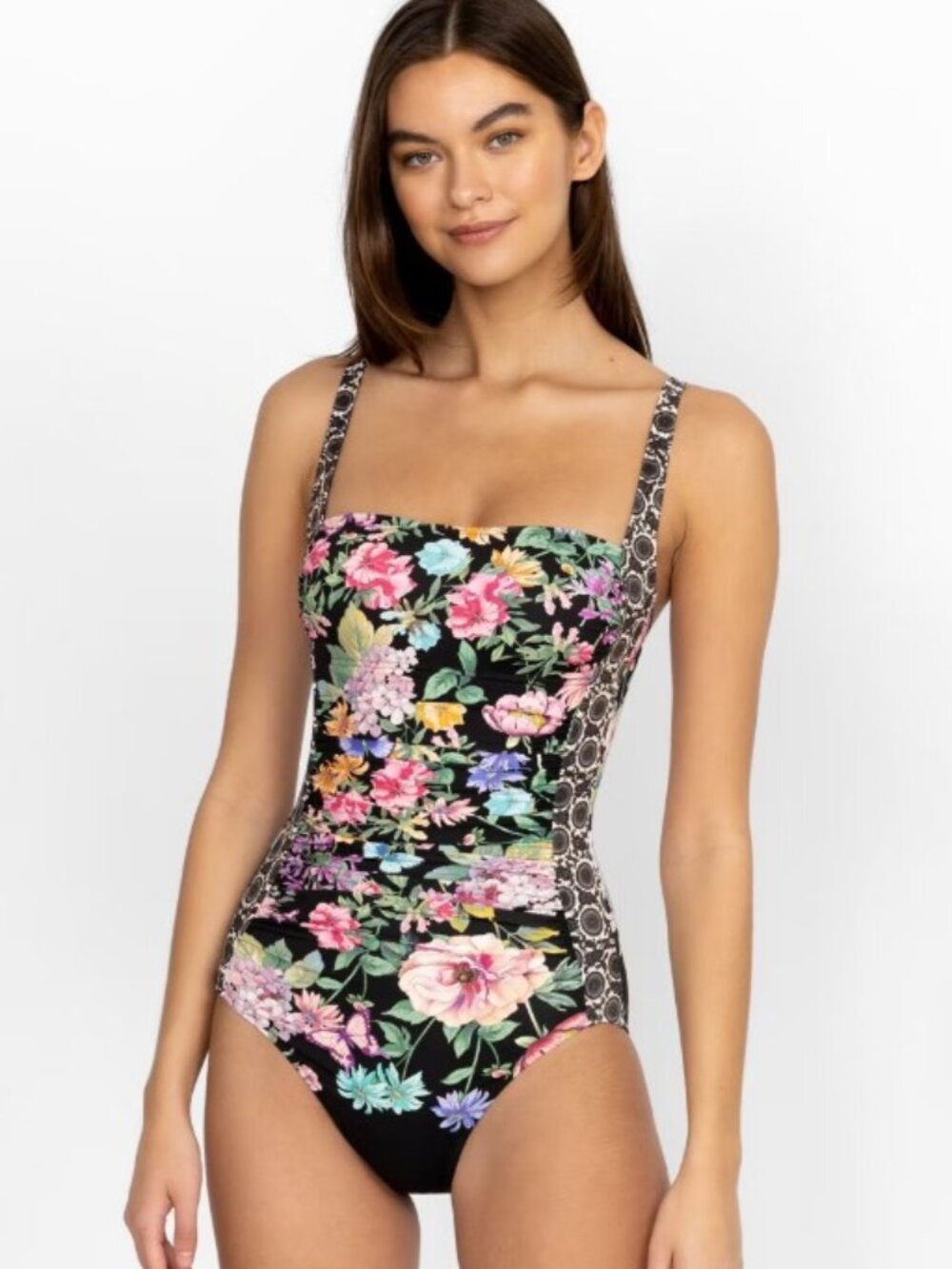 Johnny Was Black Butterfly - Floral Square-Neck One-Piece Swimsuit